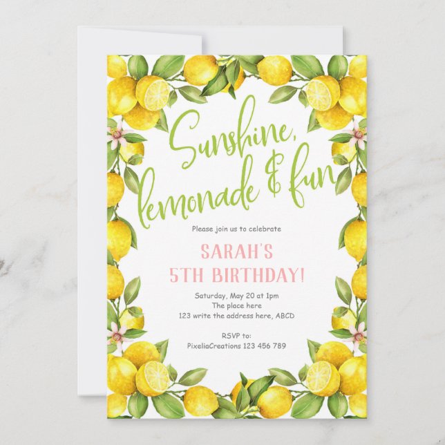 Summer birthday, lemon, girl birthday invitation (Front)
