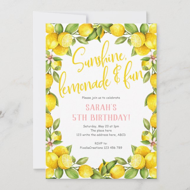 Summer birthday, lemon, girl birthday invitation (Front)