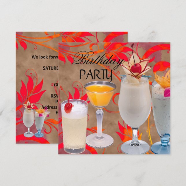 Summer Birthday Party Cocktails Tropical Invitation (Front/Back)