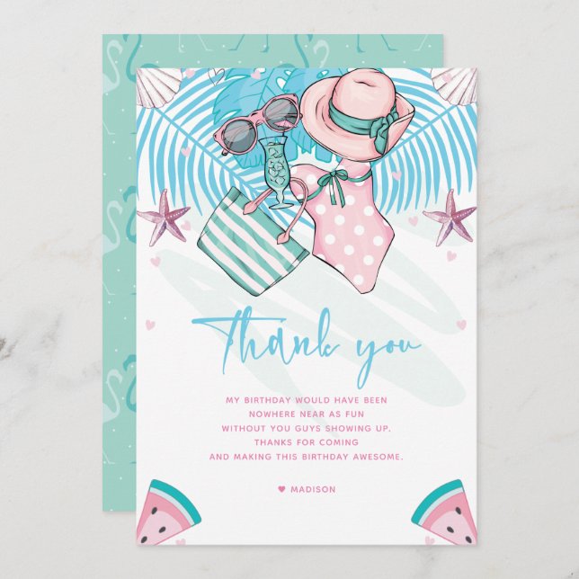 Summer Birthday Party Cute Pink Turquoise  Thank You Card (Front/Back)