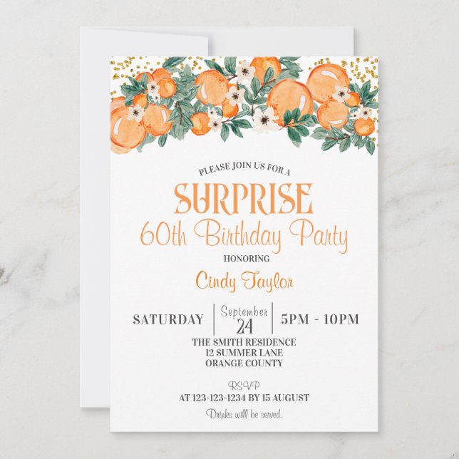 Summer Birthday Party, Orange Citrus 60th Birthday Invitation (Front)