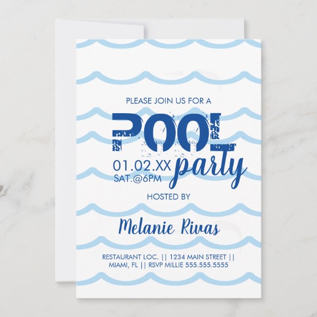 Summer Birthday Pool Party Blue Waves Pattern Invitation (Front)