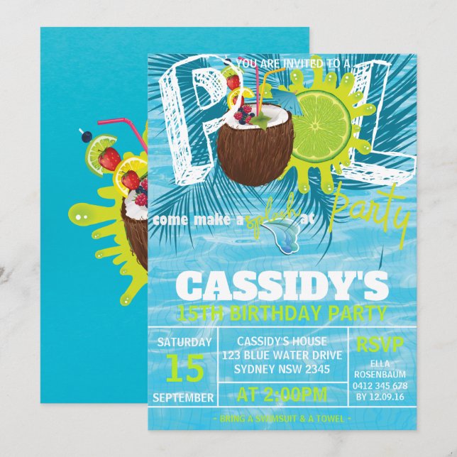 Summer Birthday Pool Party coconut Invitation (Front/Back)