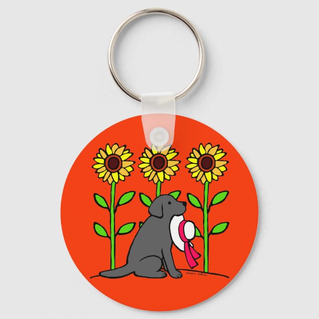 Summer Black Labrador with Sunflowers Key Ring (Front)