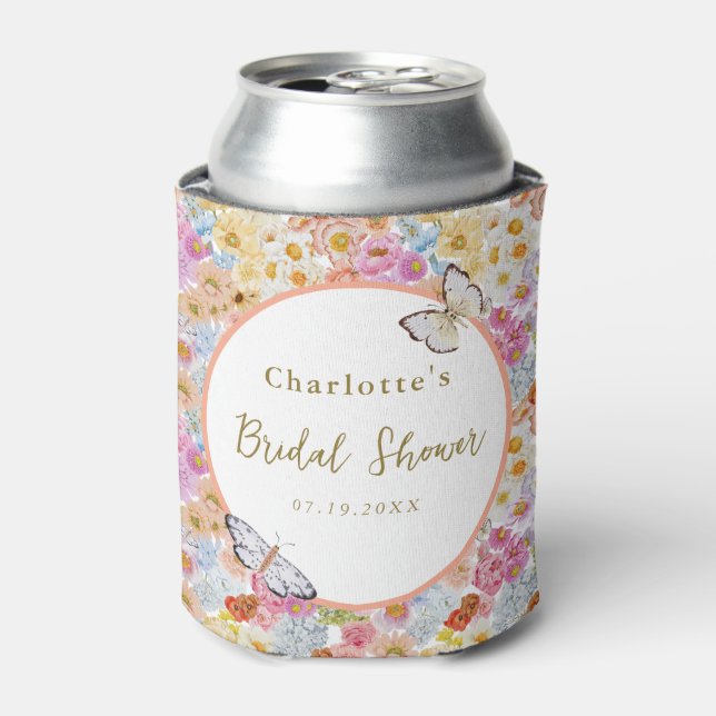 Summer Bloom Floral Butterfly Bridal Shower Custom Can Cooler (Can Front)