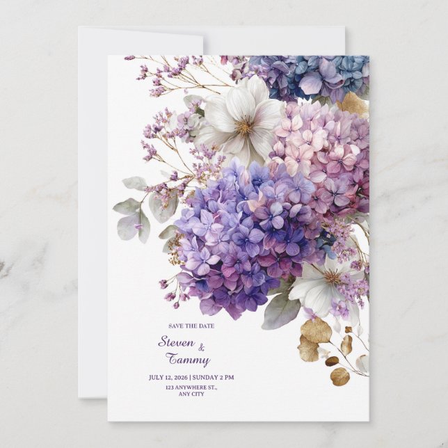 Summer Bloom Lavender Hydrangea Wedding Invitation (Front)