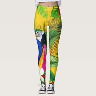 Summer Bloom Tropical Toucan Leaves Watercolor Leggings