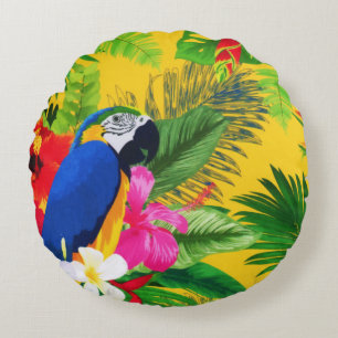 Summer Bloom Tropical Toucan Leaves Watercolor Round Cushion