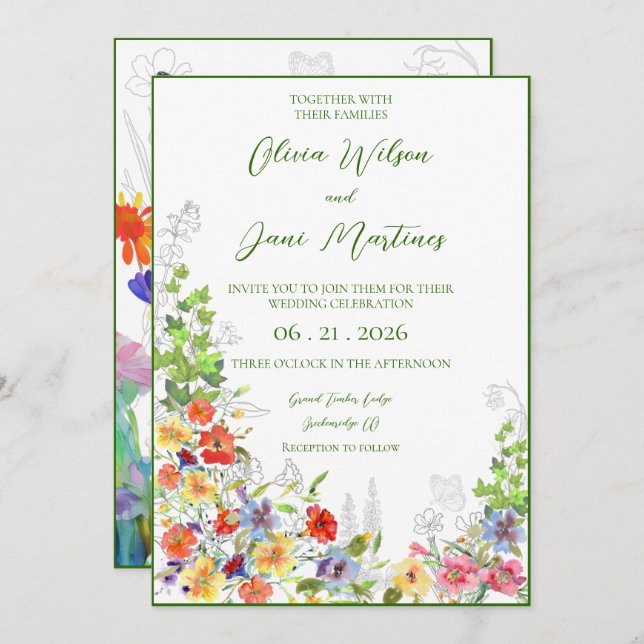 Summer Blooms and Butterflies Wedding Invitation (Front/Back)
