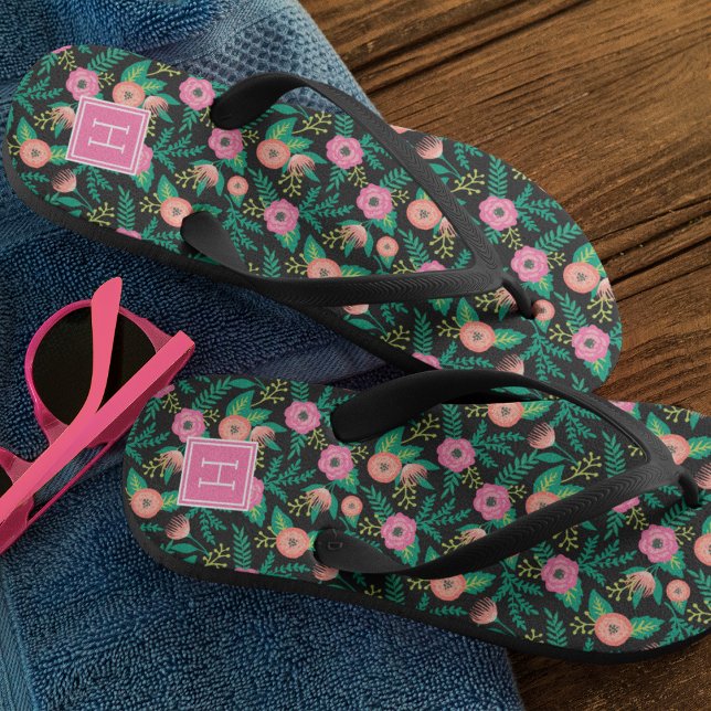 Summer Blooms Pink Floral Monogram Flip Flops (Creator Uploaded)