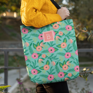 Summer Blooms Tropical Floral Monogram Tote Bag