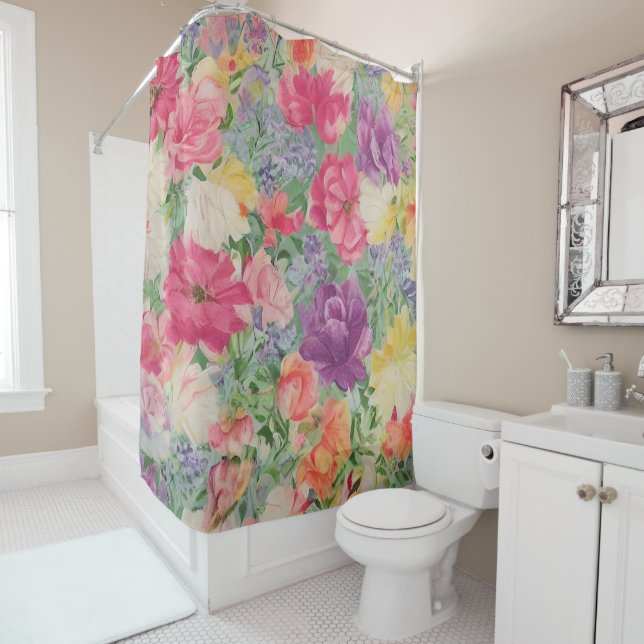 Summer Blooms Watercolor Flower Collage Shower Curtain (In Situ)
