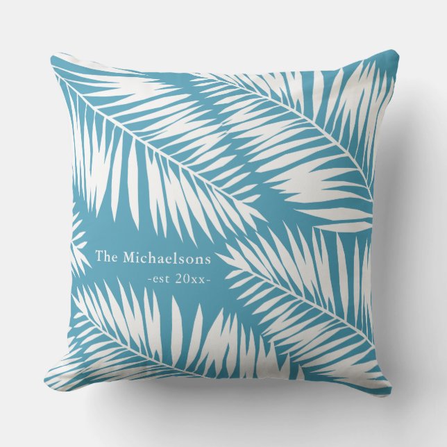 Summer Blue and White Palms with Name and Year Cushion (Front)