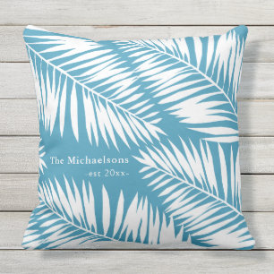 Summer Blue and White Palms with Name and Year Cushion