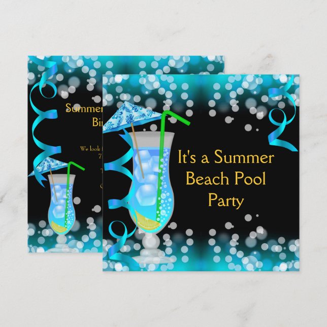 Summer Blue Cocktail Beach Pool Party Invitation (Front/Back)
