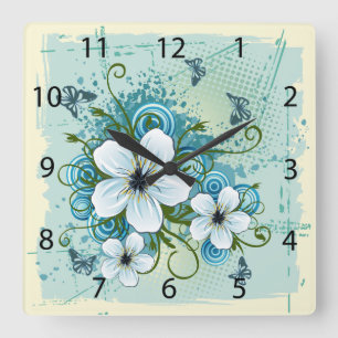 Summer Blue Floral & Butterflies Square Wall Clock