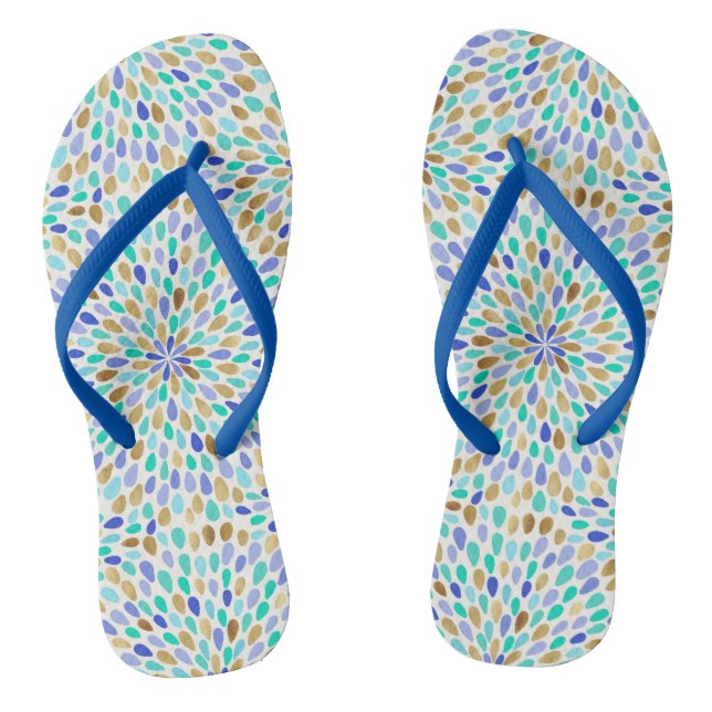 Summer Blue Gold Flower Burst Flip Flops (Footbed)