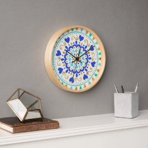Summer Blue Gold Heart Mandala Clock