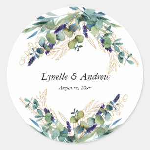 Summer, Blue, Green, Watercolor Floral Wedding Classic Round Sticker