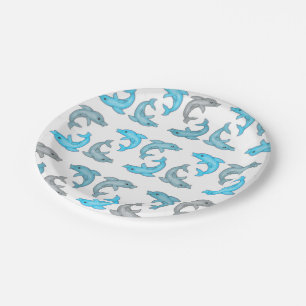 Summer Blue Grey Cute Dolphins Illustrations Paper Plate