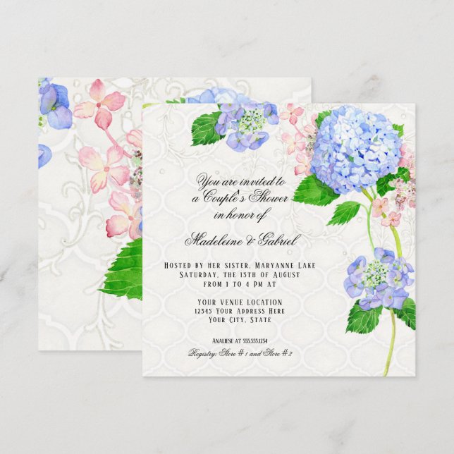 Summer Blue Hydrangea Watercolor Couples Shower Invitation (Front/Back)