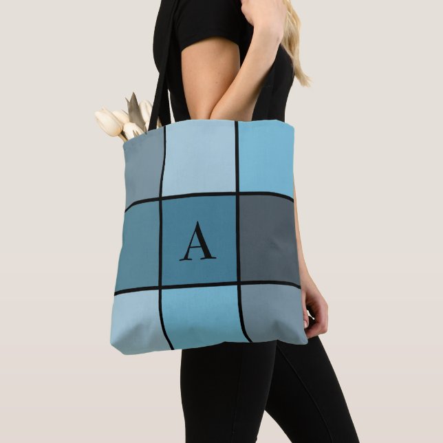 Summer Blue Initial Monogram Geometric Tote Bag (Close Up)