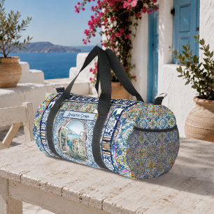 Summer Blue Italian Floral Citrus Tile Monogram Duffle Bag
