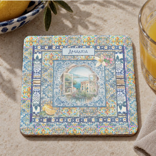 Summer Blue Italian Majolica Citrus Monogram Stone Coaster