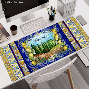Summer Blue Italian Majolica Citrus Tile Desk Mat
