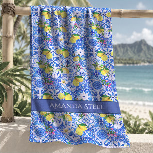 Summer Blue Majolica Sicilian Citrus Lemons Beach Towel