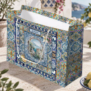 Summer Blue Majolica Tile Citrus Monogram Large Gift Bag