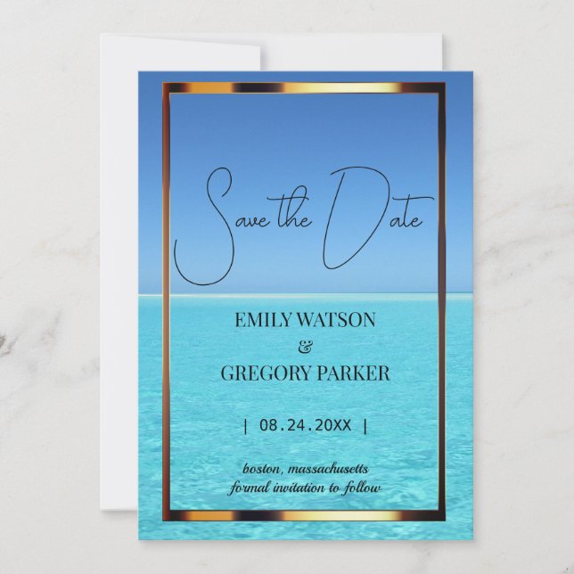 Summer Blue Ocean Beach Wedding Invitations (Front)