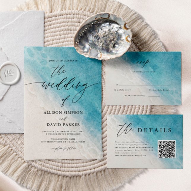 Summer Blue Ocean Beach Wedding Invitations (Creator Uploaded)