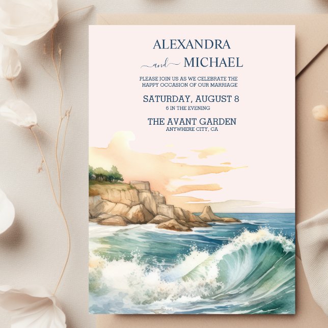 Summer Blue Ocean Waves Tropical Beach Wedding Invitation (Creator Uploaded)
