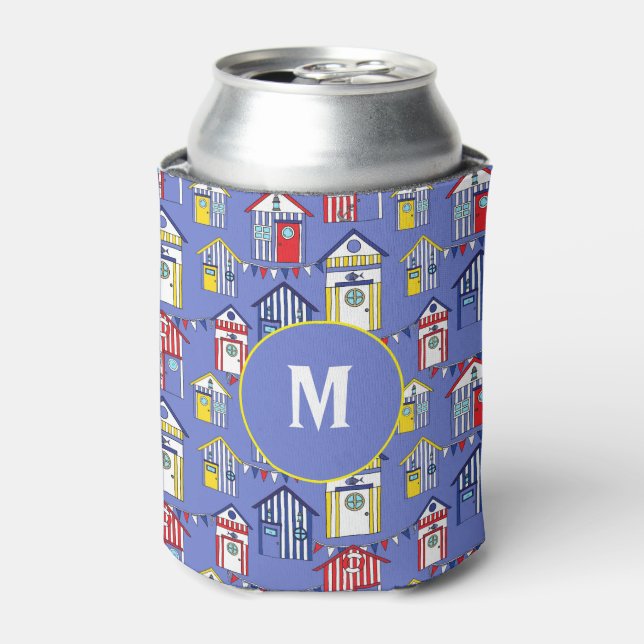 Summer Blue Seaside Beach Huts Print Monogram Can Cooler (Can Front)