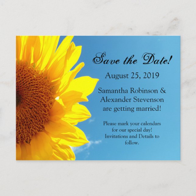 Summer Blue Sky Yellow Sunflower Save the Date Announcement Postcard (Front)