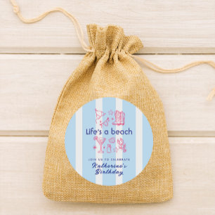 Summer Blue Stripe Beach Life Birthday Party Classic Round Sticker