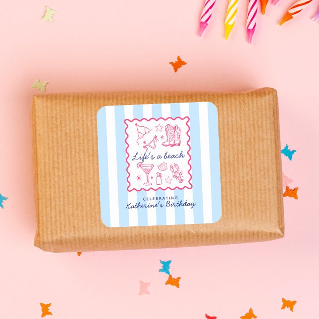 Summer Blue Stripes Life's a Beach Birthday Party  Square Sticker (Creator Uploaded)