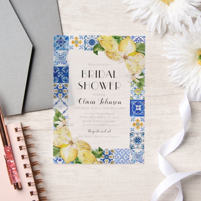 Summer Blue Tiles Lemon Italian Bridal Shower Vellum Invitations (Wedding)