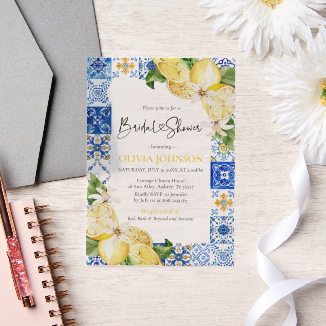 Summer Blue Tiles Lemons Italian Bridal Shower Vellum Invitations (Wedding)
