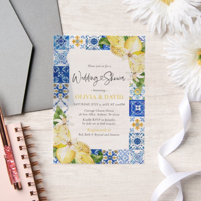 Summer Blue Tiles Lemons Italian Wedding Shower Vellum Invitations (Wedding)