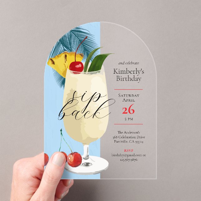 Summer Blue Tropical Cocktail Birthday Party  Acrylic Invitations (Insitu (Handheld))