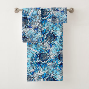 Summer Blue Waratah Florals Bath Towel Set