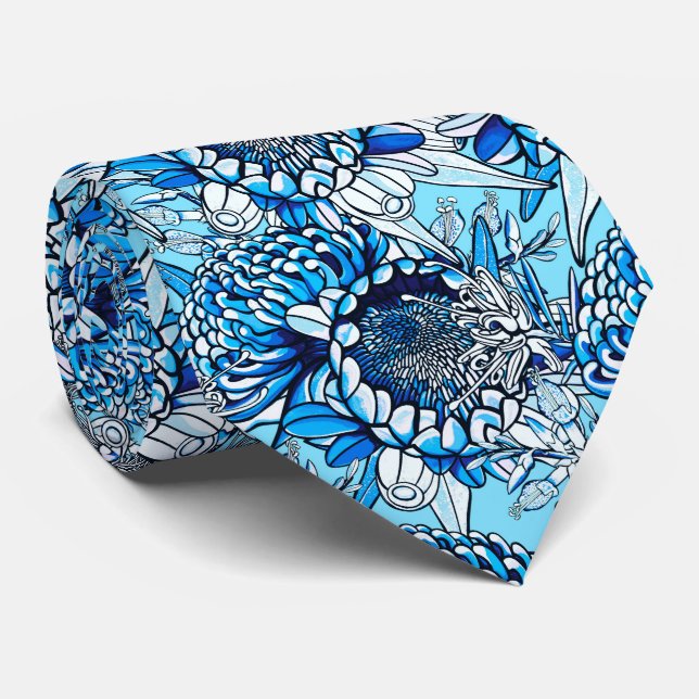 Summer Blue Waratah Florals Tie (Rolled)