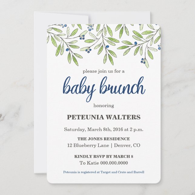 Summer Blueberry Foliage Baby Brunch Invitation (Front)
