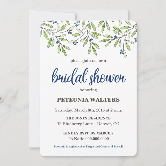 Summer Blueberry Foliage Bridal Shower Invitation (Front)