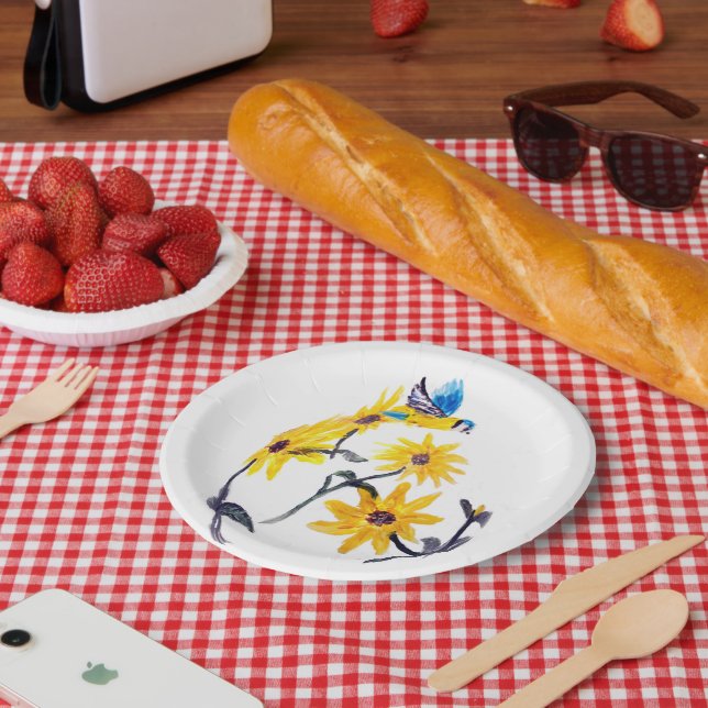 Summer Bluetit Sunflower Floral Paper Plate (Picnic)