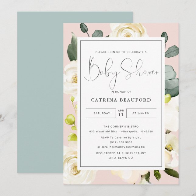 Summer Blush Watercolor Pink Floral Baby Shower Invitation (Front/Back)