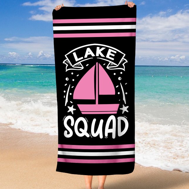 Summer Boat Lake Squad with Stripe Border Beach Towel (Summer Boat Lake Squad with Stripe Border Beach Towel)