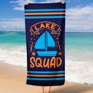 Summer Boat Lake Squad with Stripe Border Beach Towel